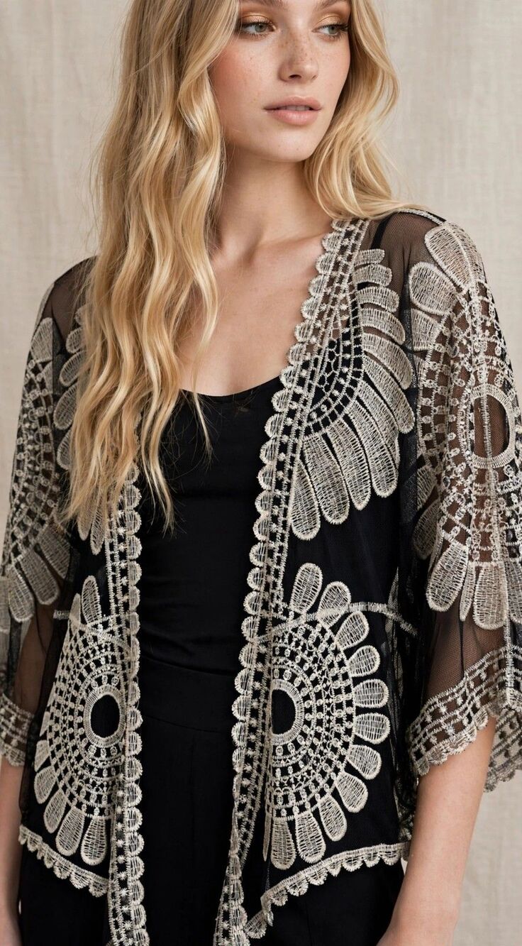 NWT Amber Sky XL Black White Lace Kimono Duster Tie Front Boho Cover Up Cardigan
